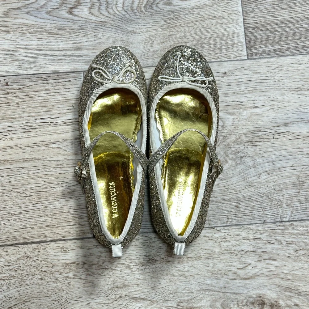 J Crew Kids Gold Sparkle Mary Janes Size 3 Ballet Flat EUC D193 Holiday Party